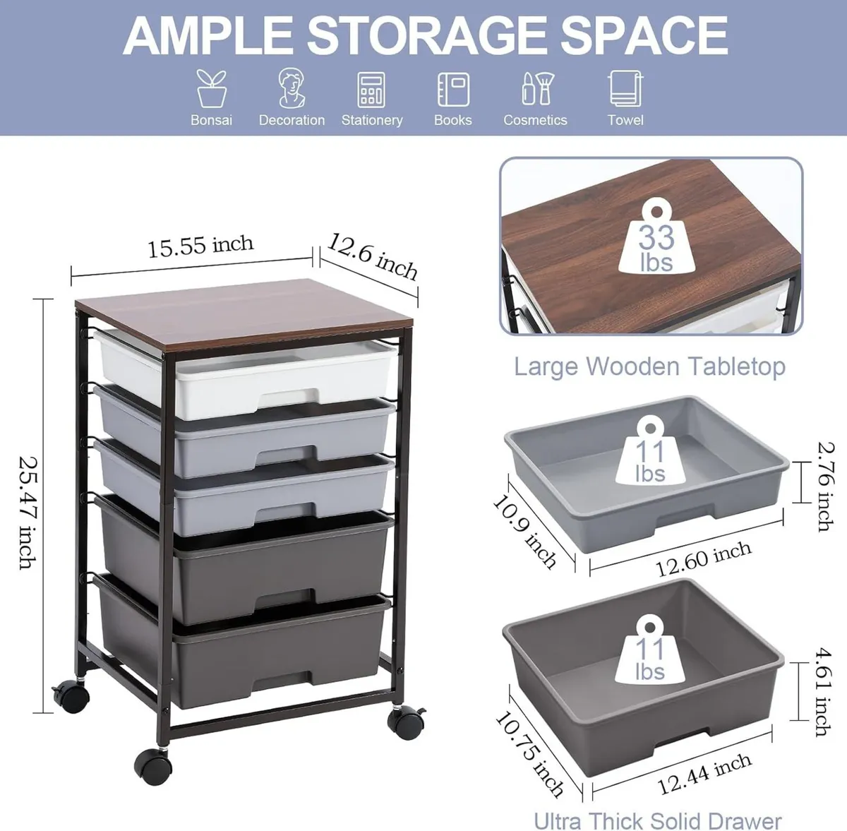 Bathroom Trolley with 5 Drawers and Wooden Worktop - Image 3