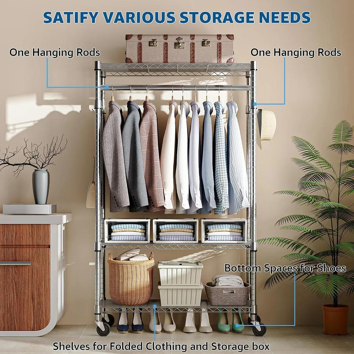 Heavy Duty Rolling Garment Rack 3 Tiers Adjustable - Image 3