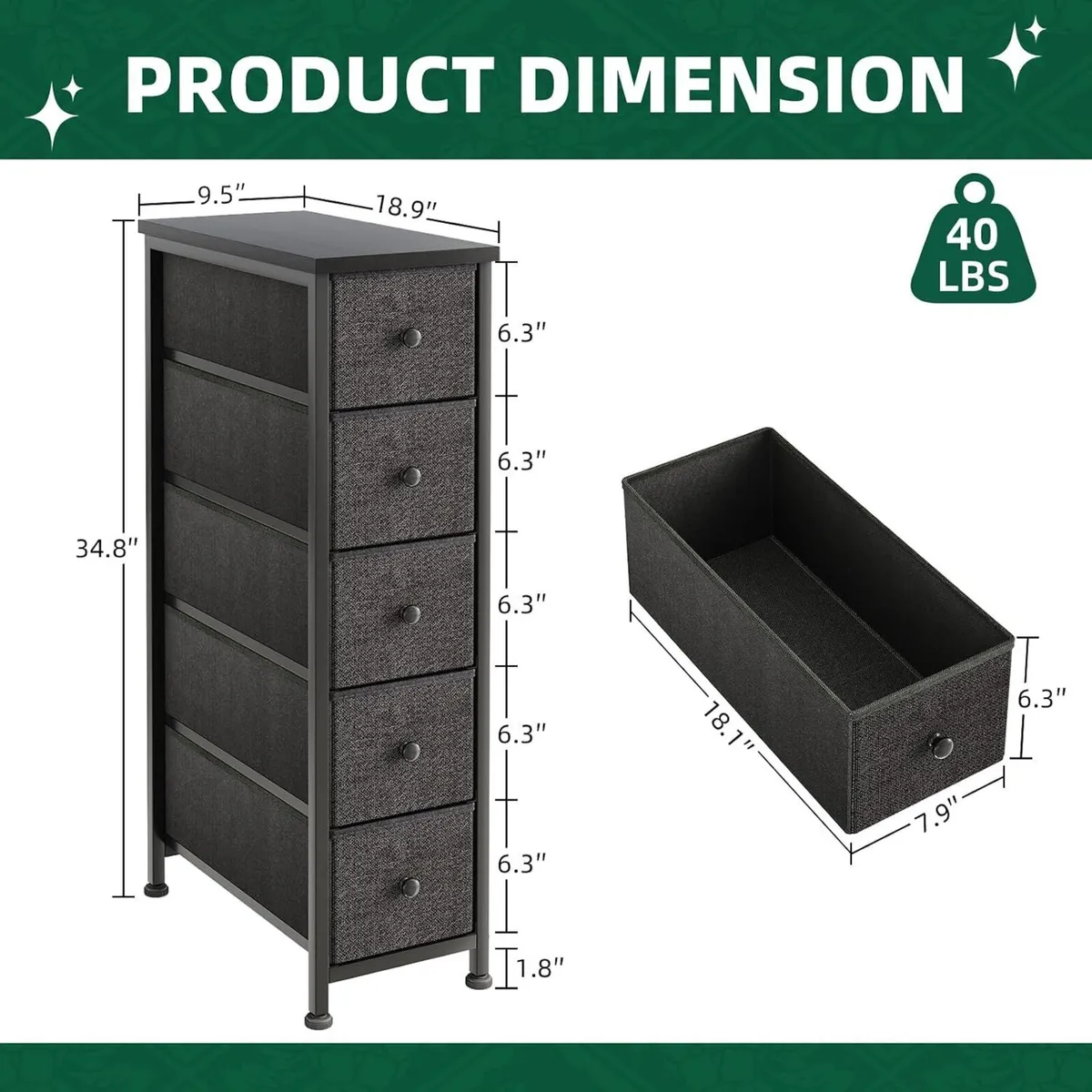 Narrow Chest of Drawers 24CM Wide 5 Drawer - Image 3