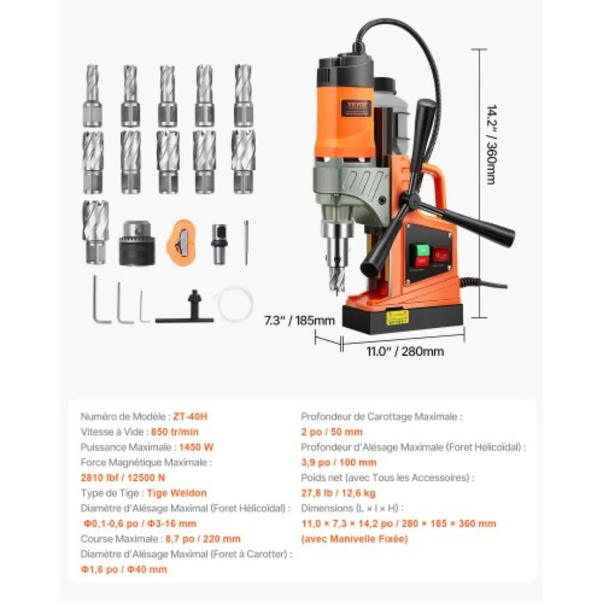 Magnetic Drill, 1450W Motor 1.6 in Boring Diameter - Image 3