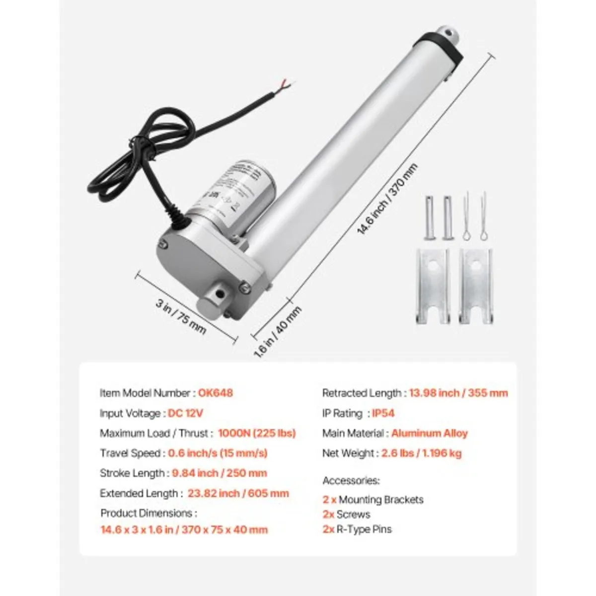12V Linear Actuator, 250mm Stroke 15mm/s High-Spee - Image 2