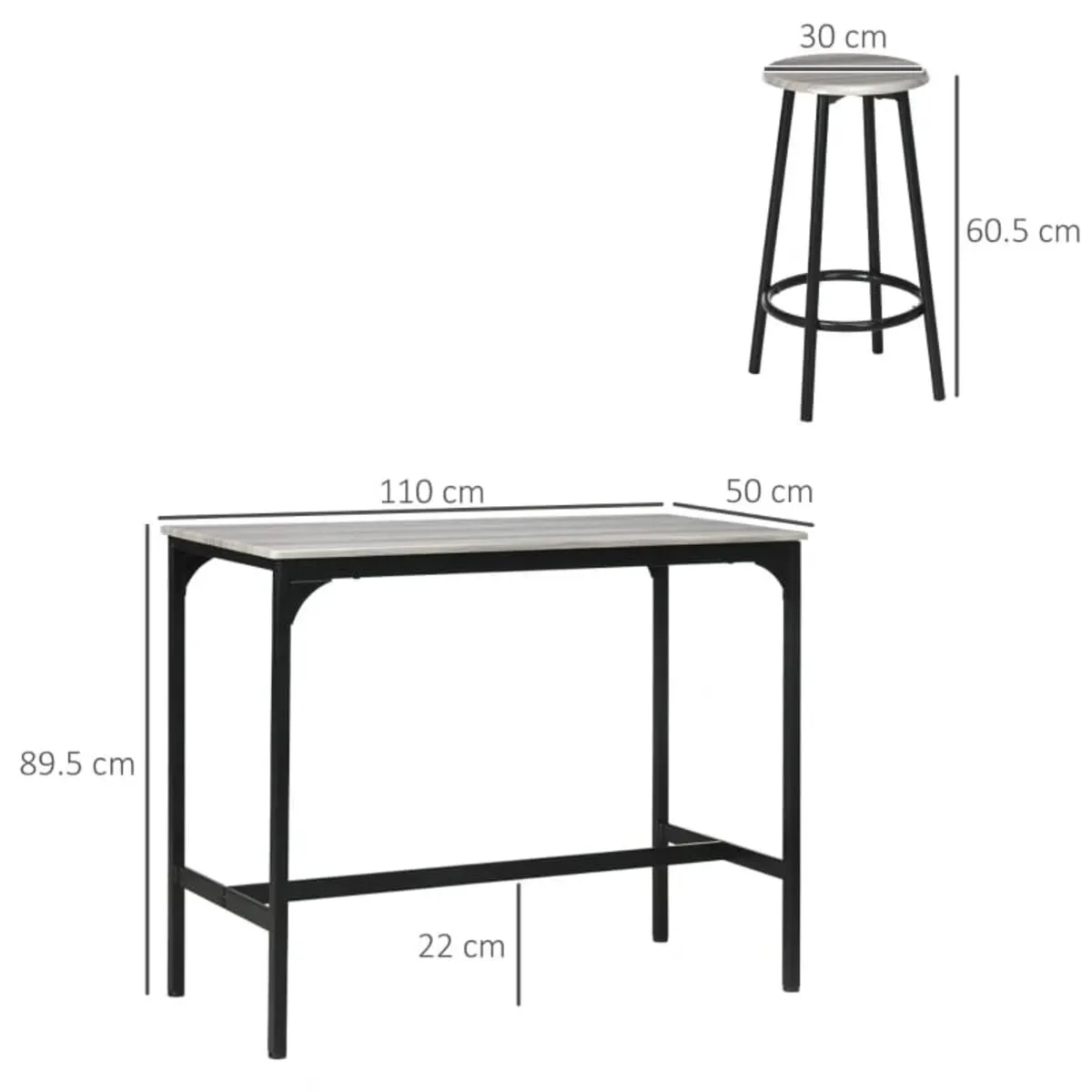 Five-Piece Industrial-Style Bar Table Set - Grey/B - Image 2