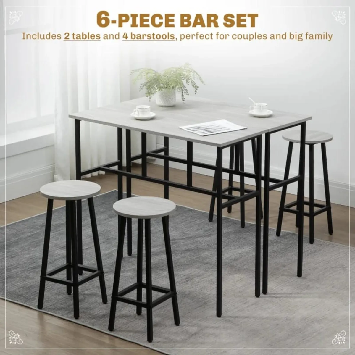 6-Piece Bar Table Set, 2 Breakfast Tables with 4 S - Image 2
