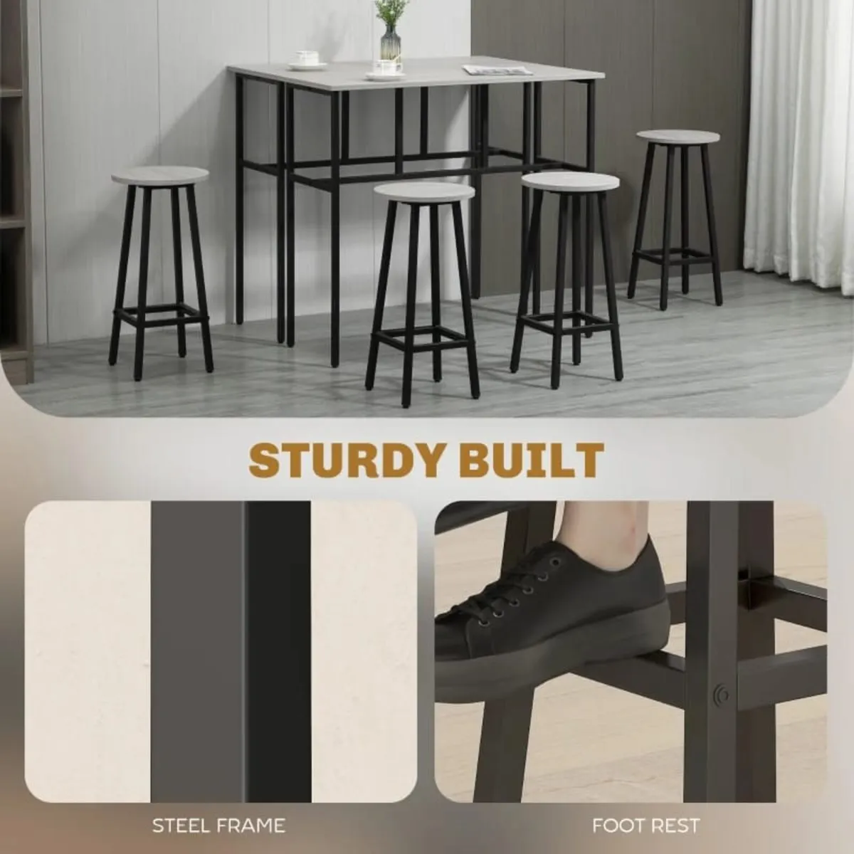 6-Piece Bar Table Set, 2 Breakfast Tables with 4 S - Image 4
