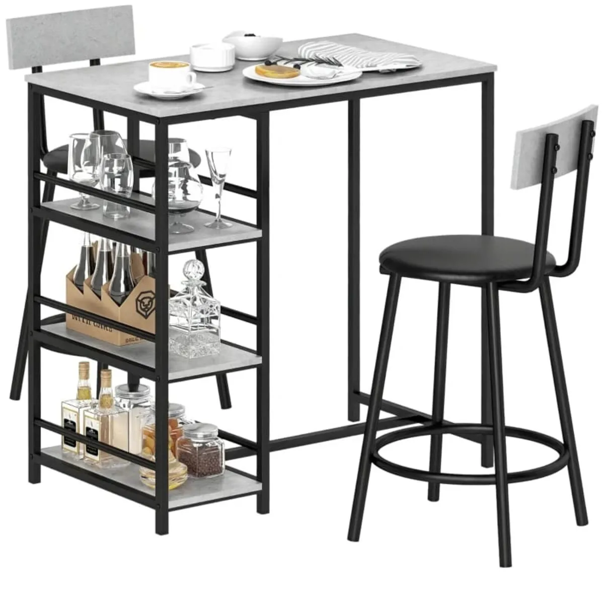 Bar table set with 2 stools and storage shelves fo - Image 4