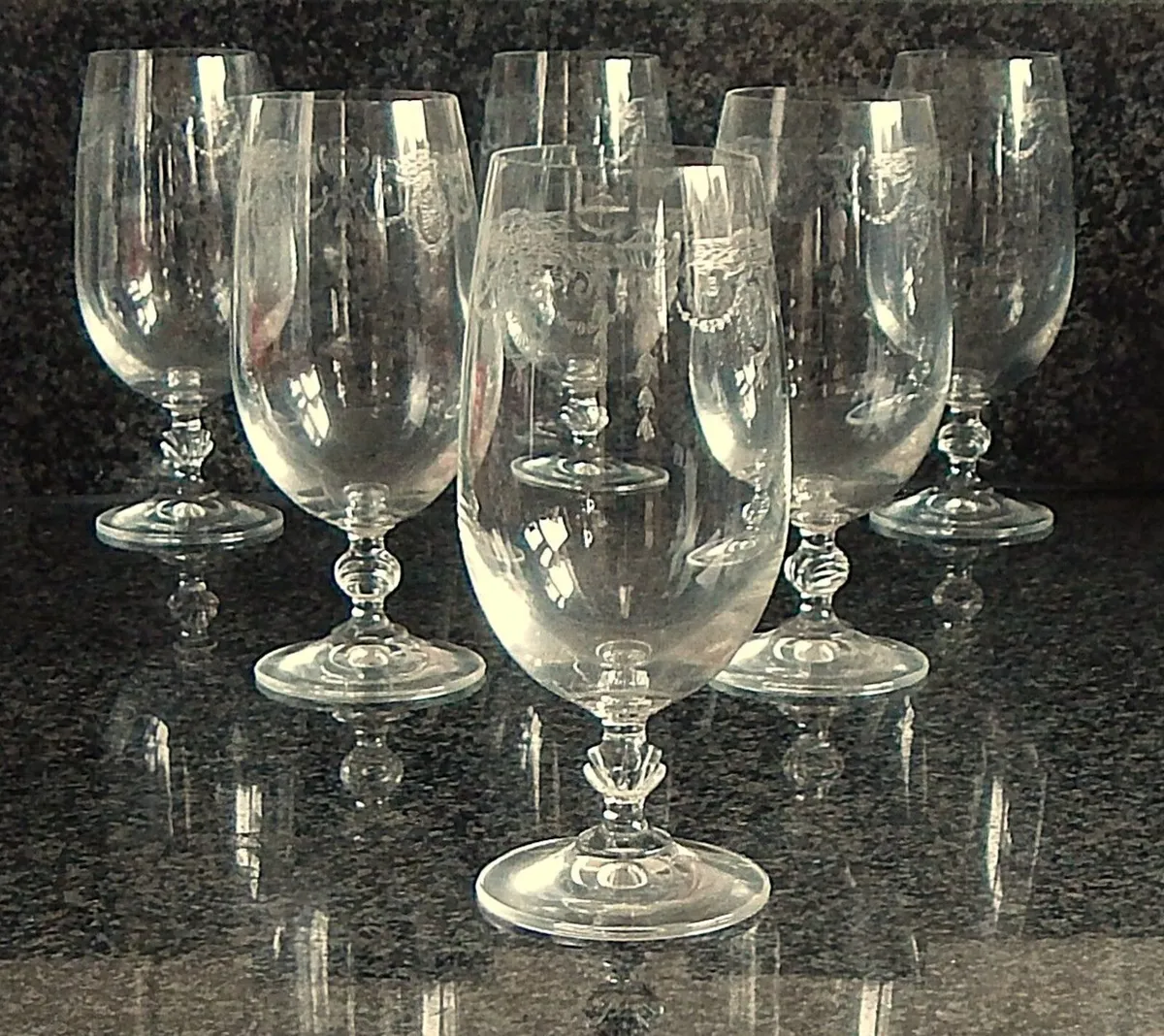6 Fostoria Clear Etched Ice Tea Glasses - Image 1
