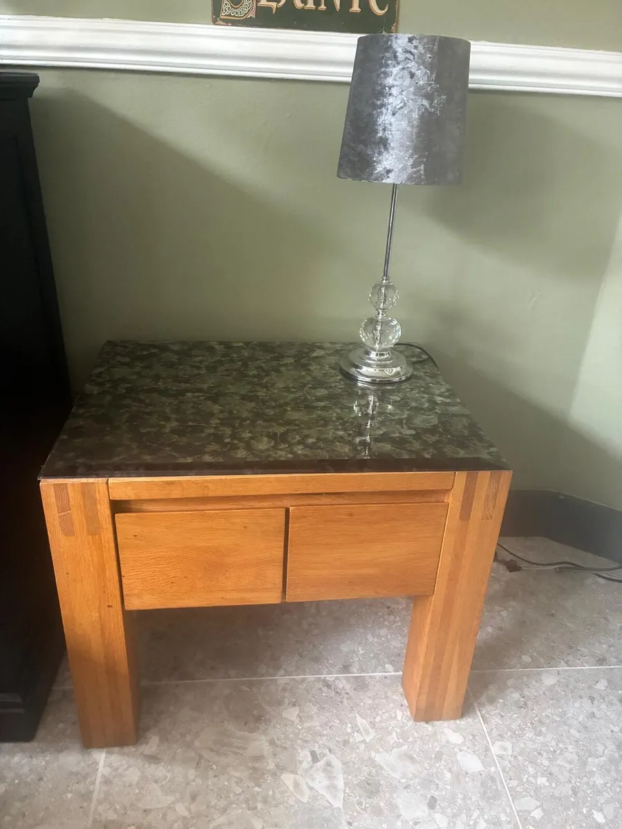 Two solid oak side tables with glass protector. - Image 1