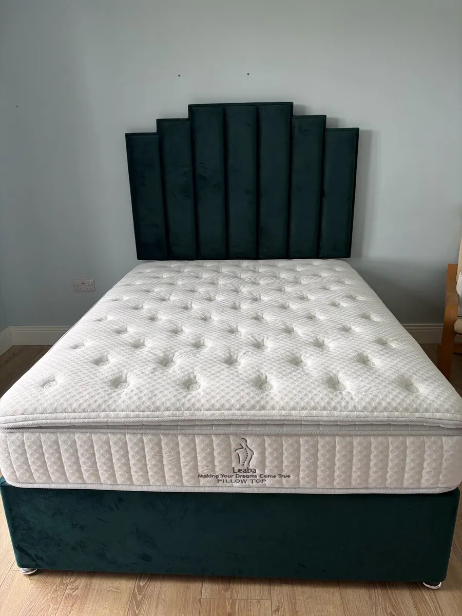 Double velvet green ‘Castle’ bed and mattress - Image 1