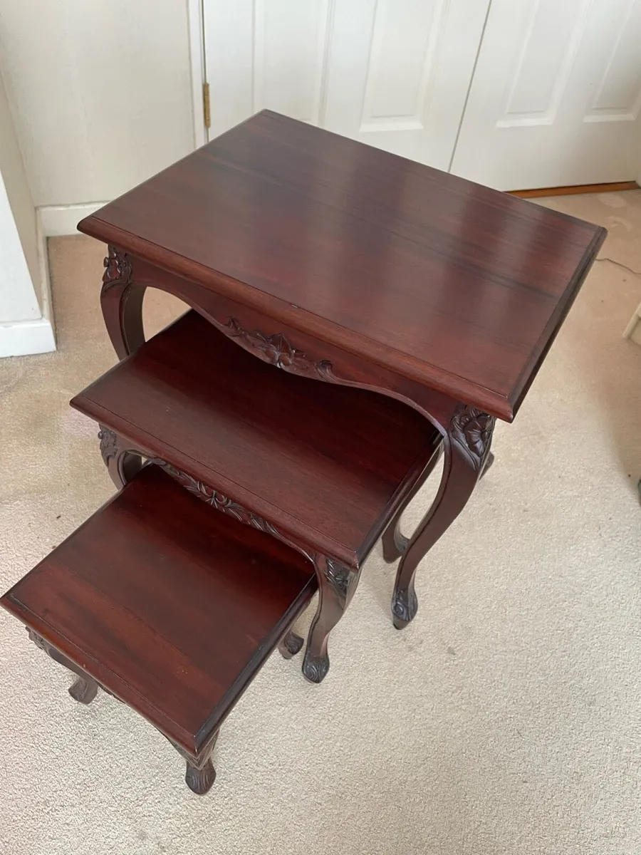Carved Mahogany Nest of 3 Tables - Image 1