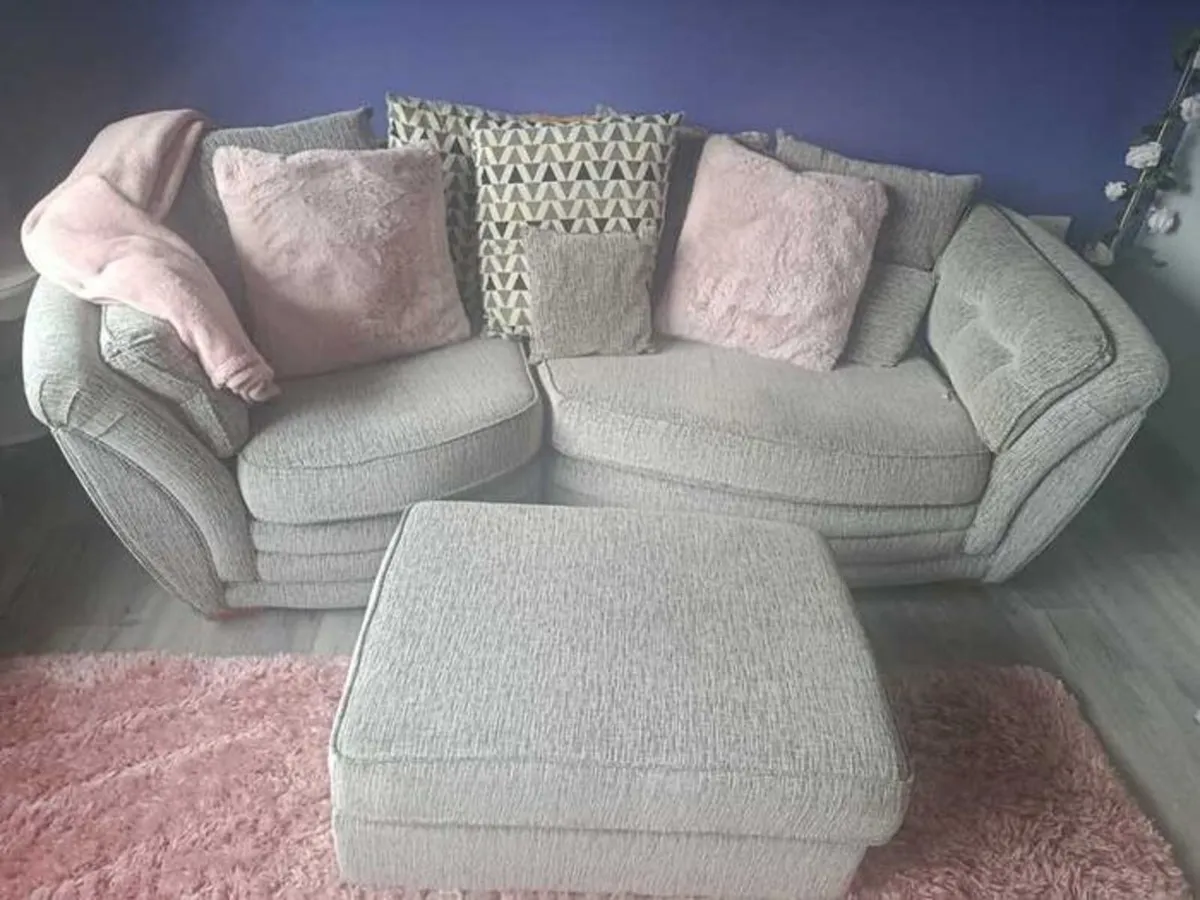 Grey Fabric Sofa & Matching Footstool - Image 1