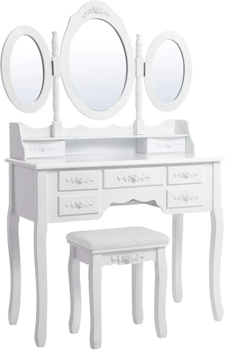 White Dressing Table with 3 Mirrors & 7 Drawers - Image 1