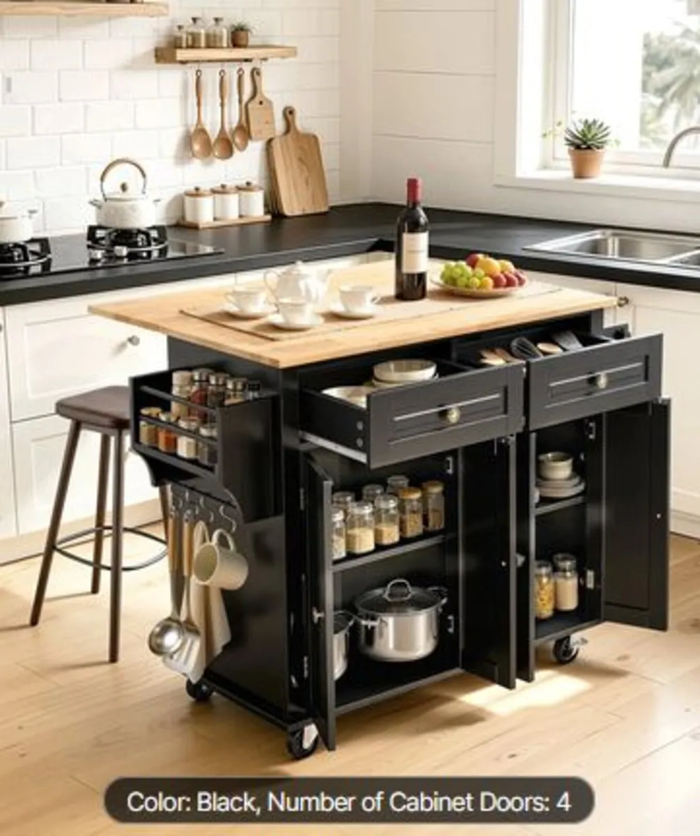 Kitchen Island Cart, 43" Wood Top Mobile Carts - Image 2