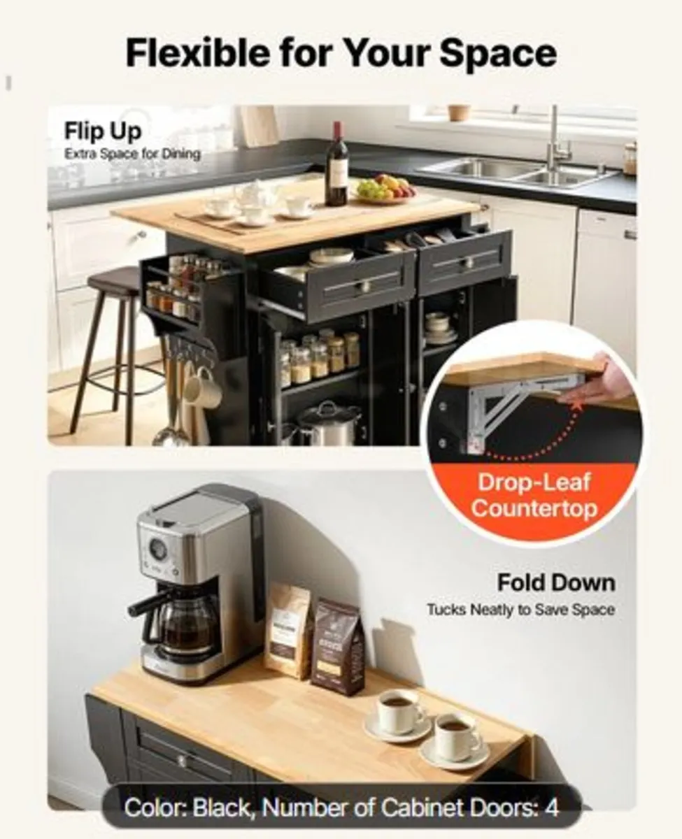 Kitchen Island Cart, 43" Wood Top Mobile Carts - Image 3