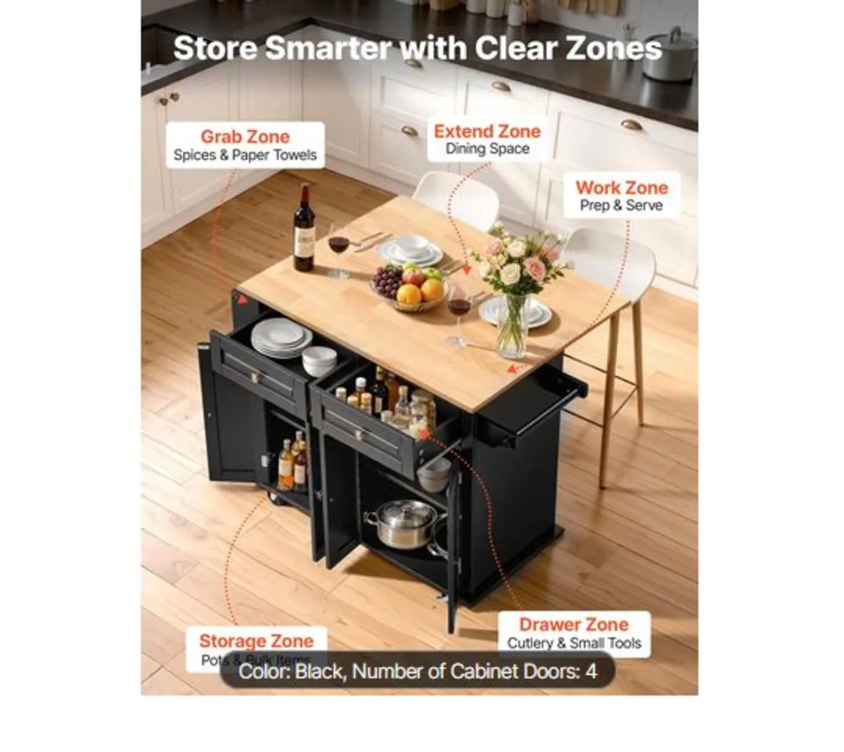 Kitchen Island Cart, 43" Wood Top Mobile Carts - Image 4
