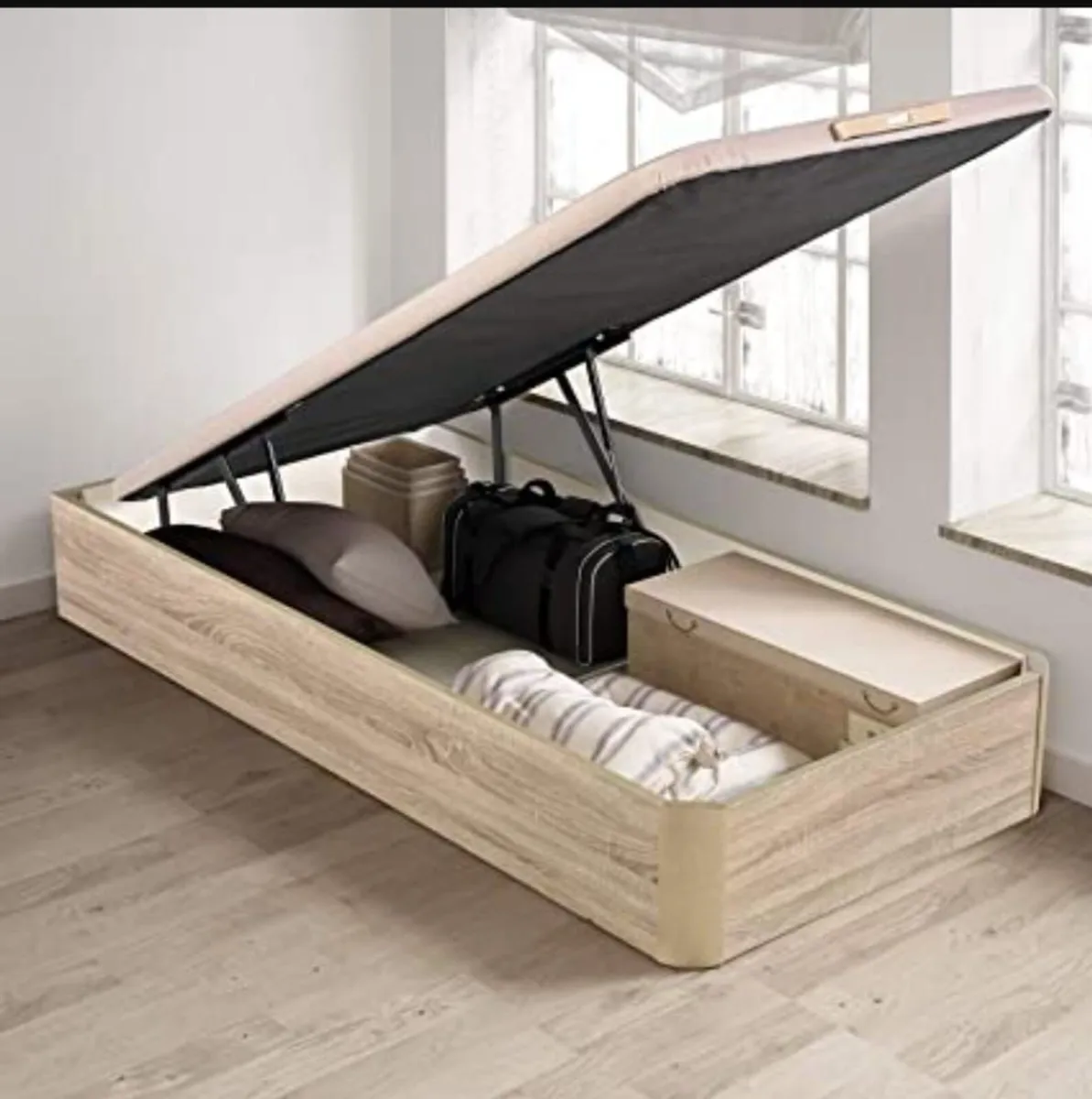 Oak Ottoman Storage Bed Stylish Space, single size - Image 1
