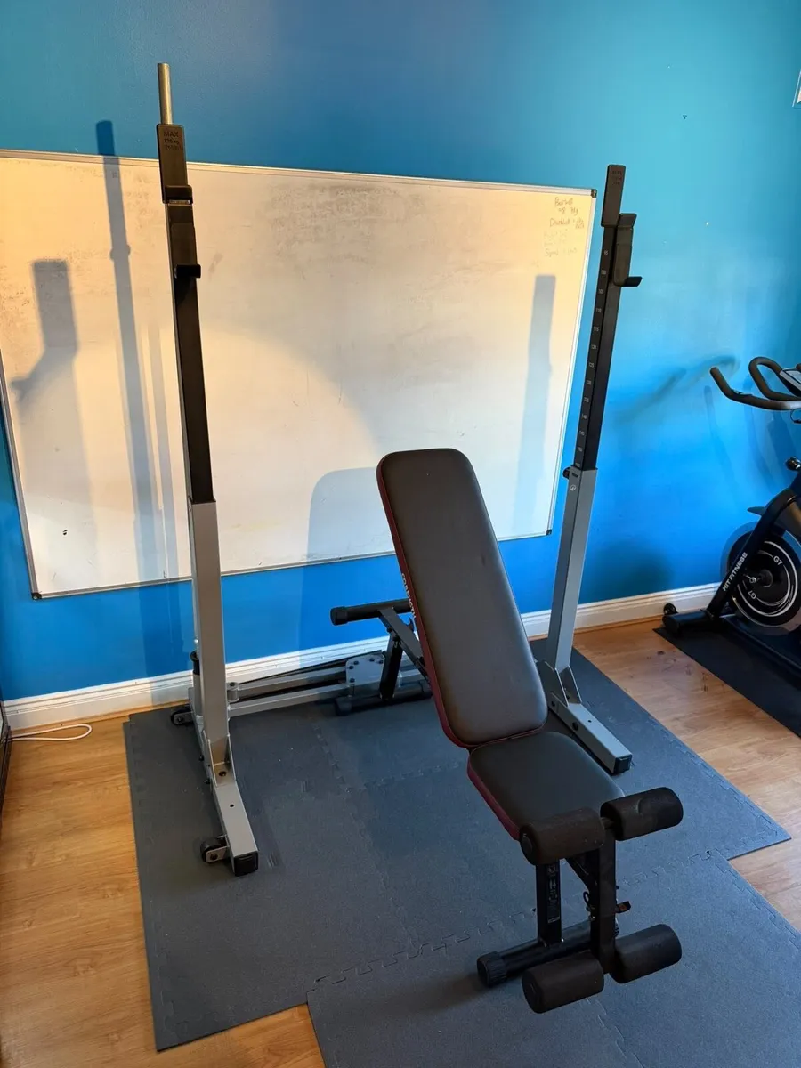 Squat rack, bench and weights - Image 2