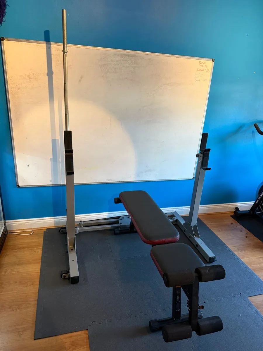 Squat rack, bench and weights - Image 1