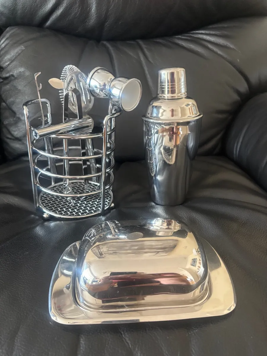 Chrome Cocktail Drink Set & Silver Butter Dish