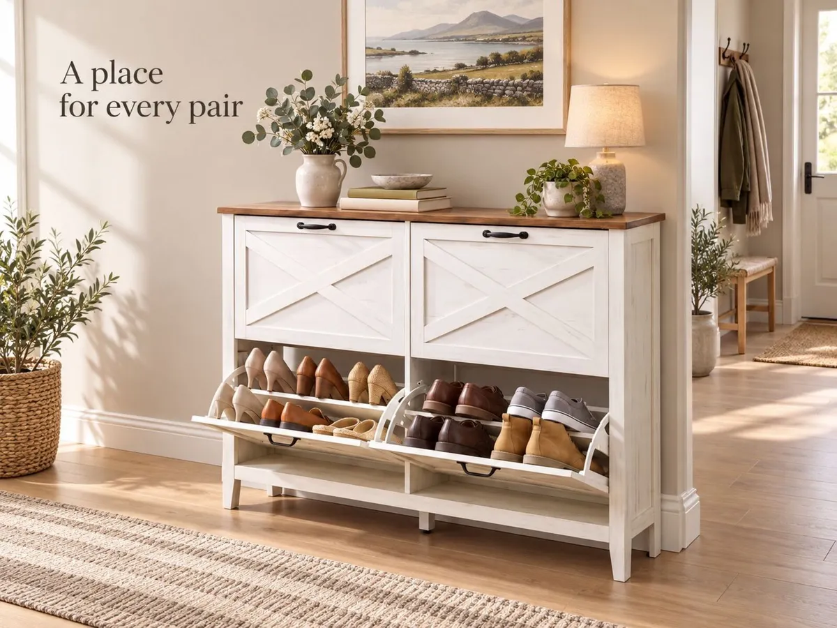 White 4 Flap Shoe Cabinet 127cm Wide Slim Hallway - Image 1