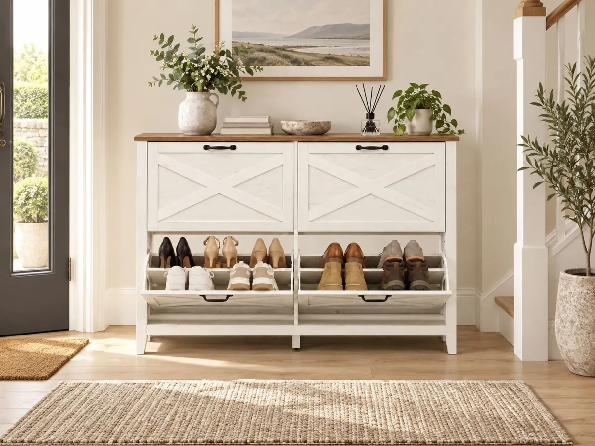 White 4 Flap Shoe Cabinet 127cm Wide Slim Hallway - Image 2