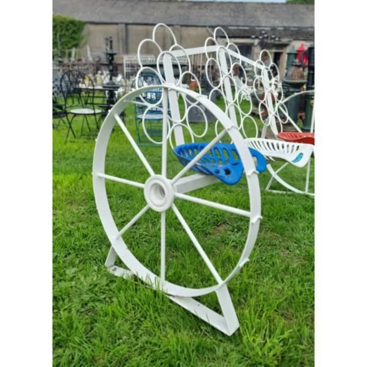 Cart Wheel Bench With Tractor Seats White KAS1354 - Image 1