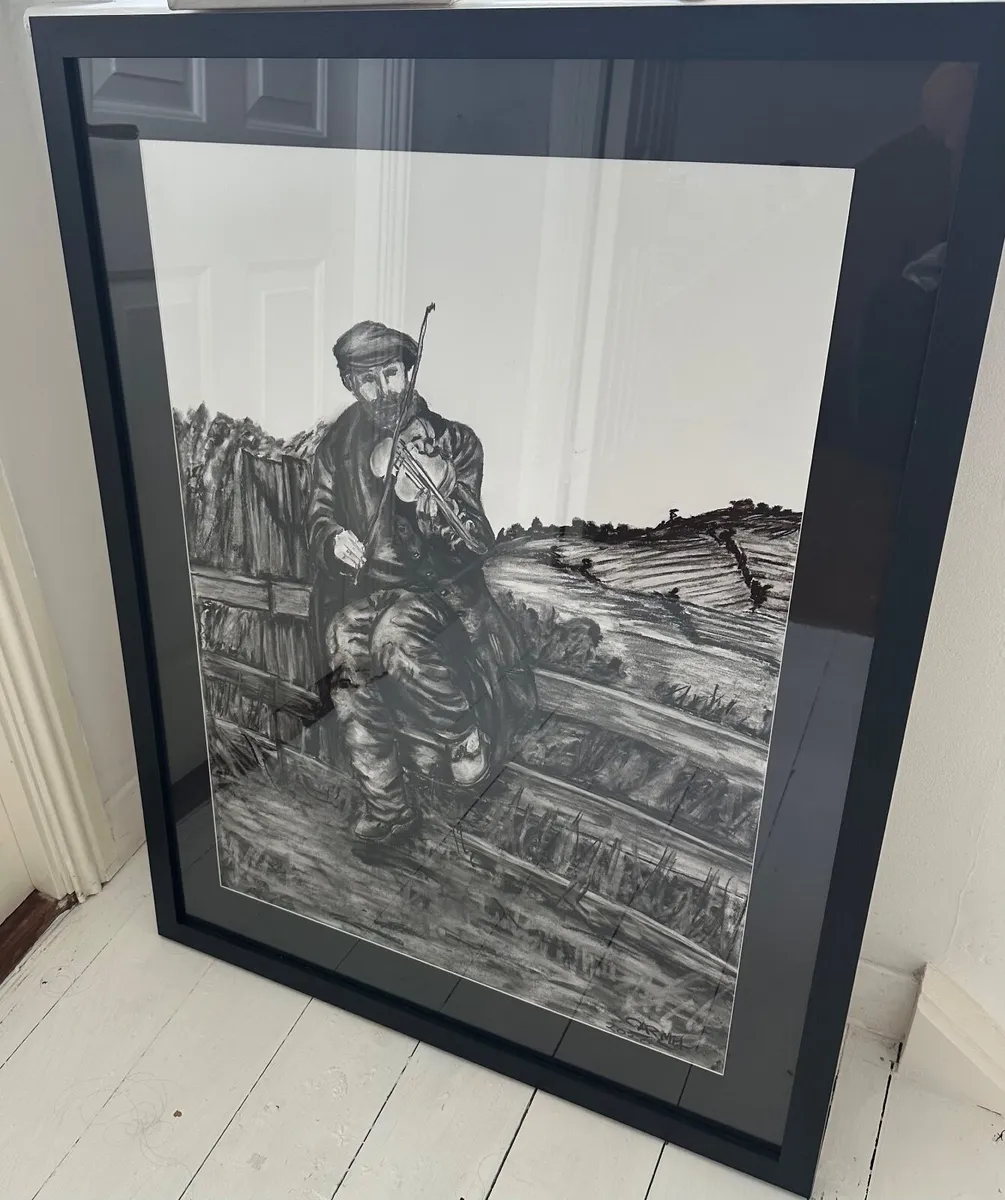Original charcoal drawing of a fiddler on a stone - Image 3