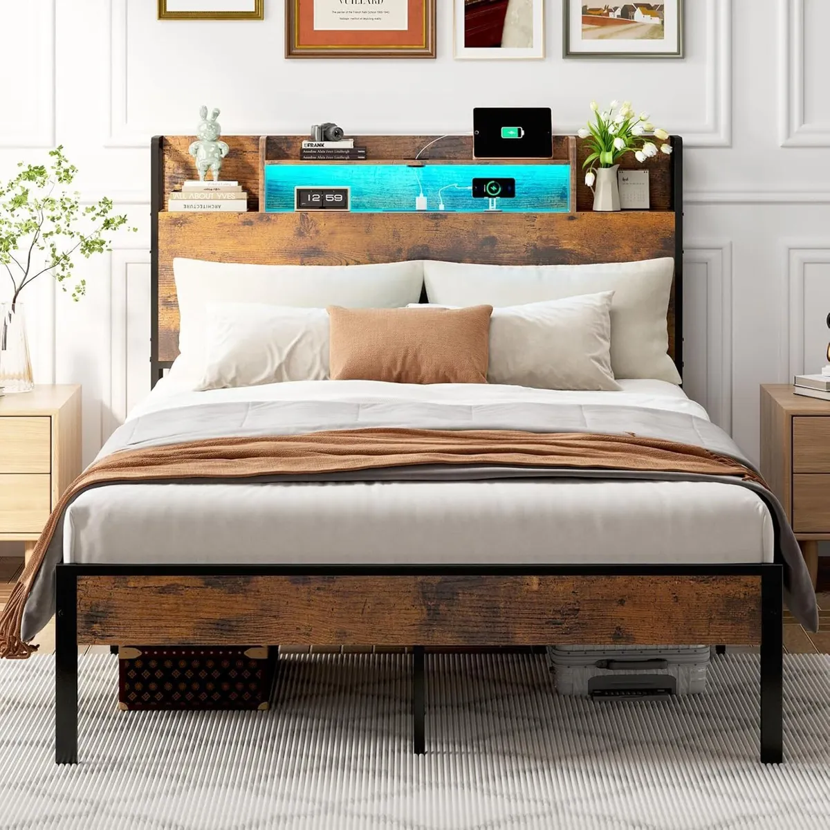 Bed Frame with Storage Wooden Headboard - Image 1