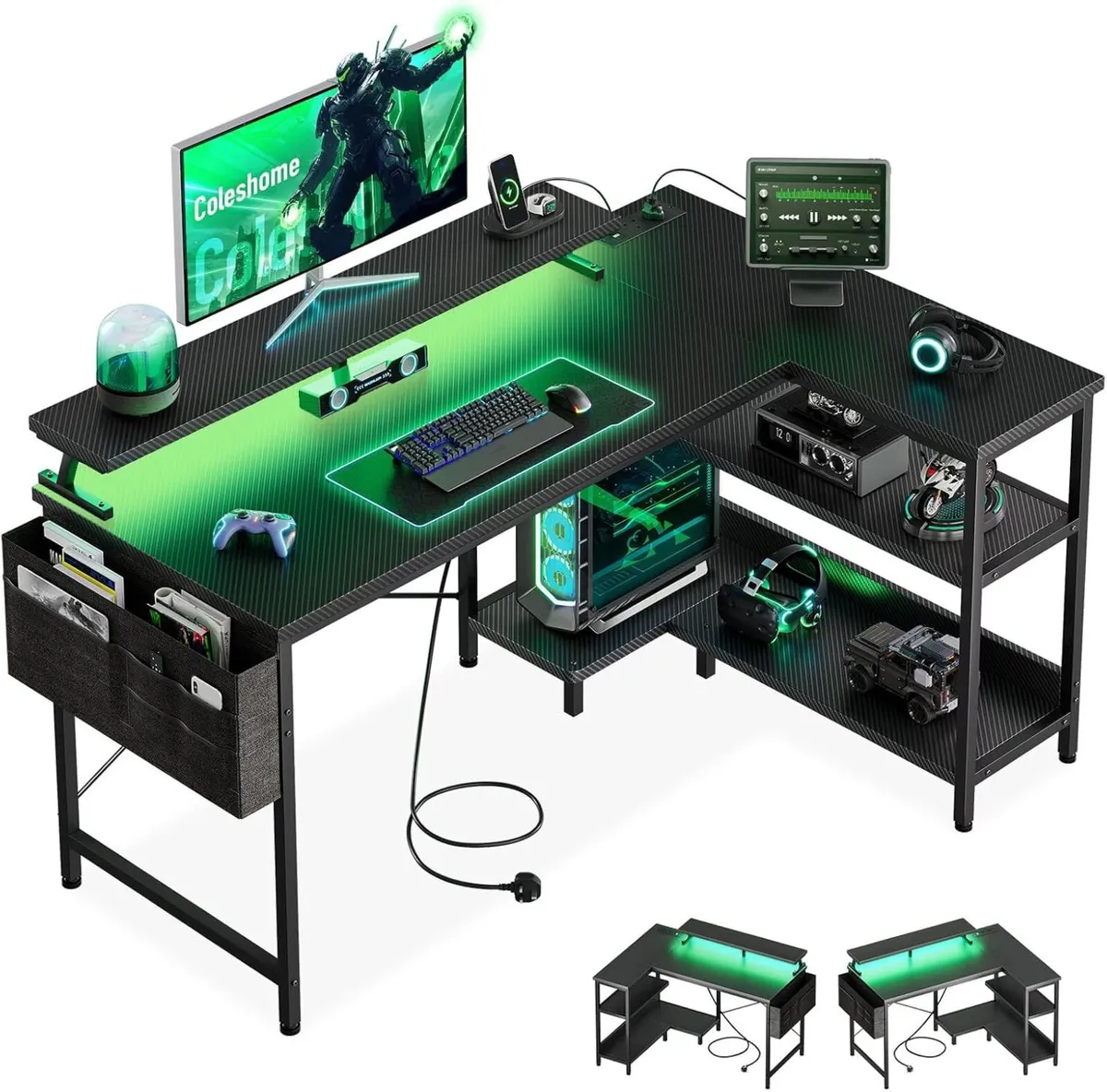 L Shaped Gaming Desk with LED Lights Power - Image 1