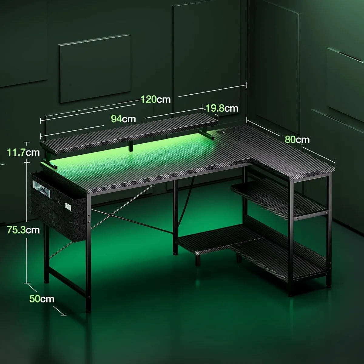 L Shaped Gaming Desk with LED Lights Power - Image 3