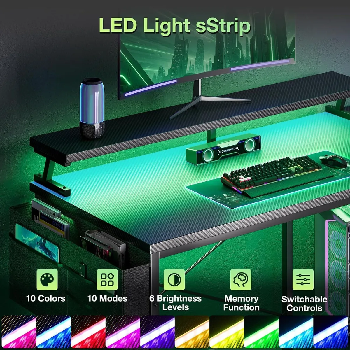 L Shaped Gaming Desk with LED Lights Power - Image 4