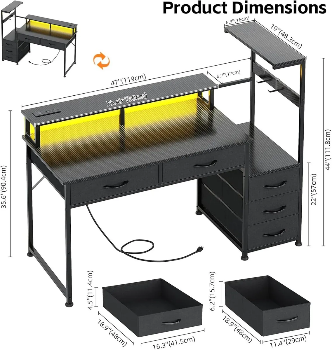 Computer Desk with 6 Fabric Drawers Reversible - Image 3