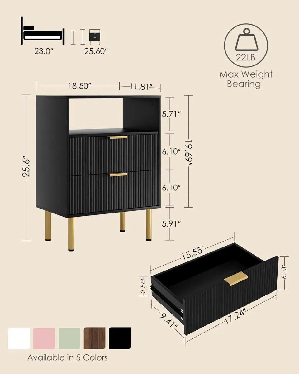 Bedside Table with 2 Drawers Modern Cabniet Metal - Image 2