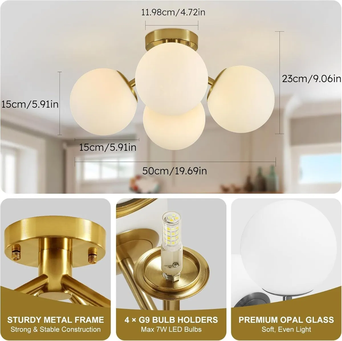 4-Light Brass Ceiling Light for Living Room - Image 2