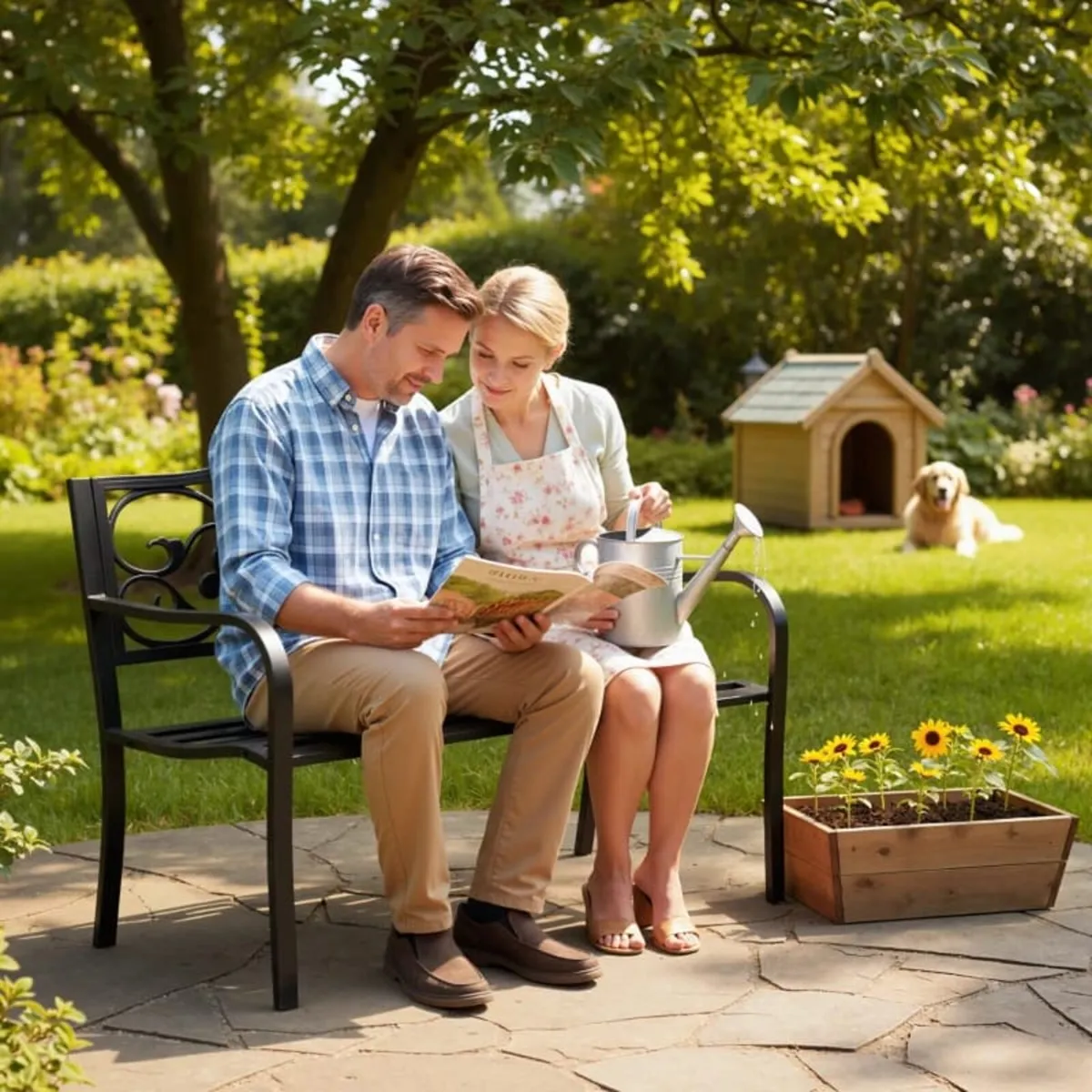 Metal Garden Bench with Floral Backrest and Armres - Image 3