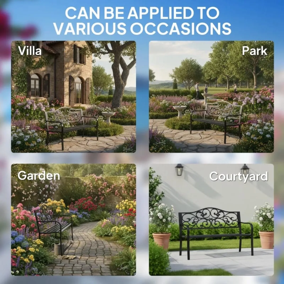 Metal Garden Bench with Floral Backrest and Armres - Image 4