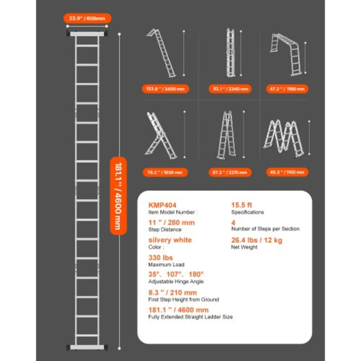 Folding Ladder, 7-in-1 Tall Extension Step Ladder, - Image 3