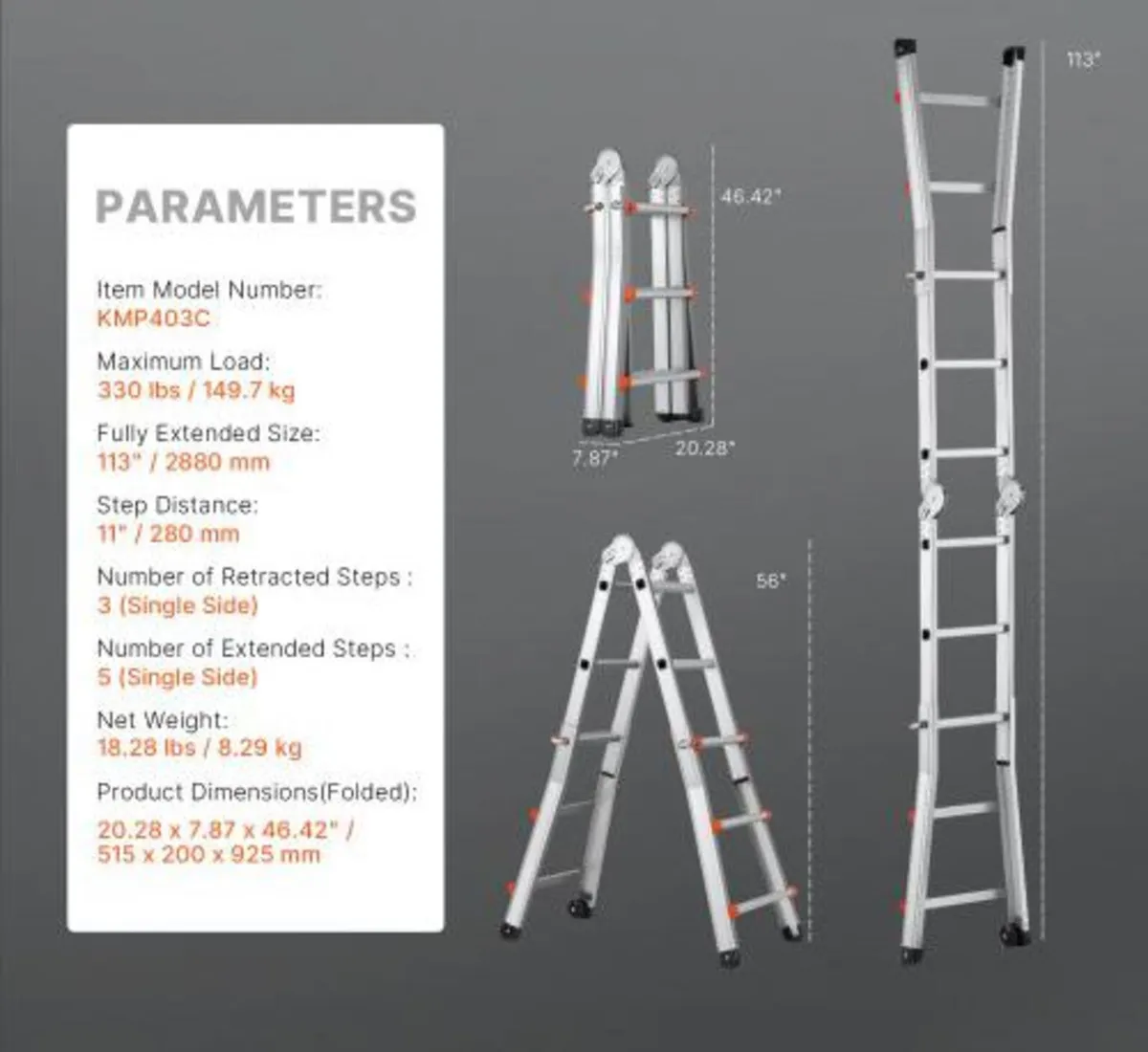 9.5 FT Compact Aluminum Extension Ladder, Multi-Fu - Image 4