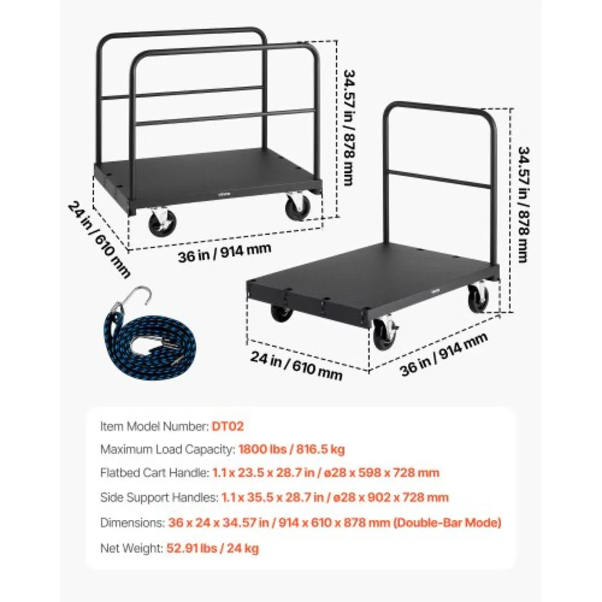Cart Dolly, 816 kg Load Capacity, 2-in-1 Steel Pan - Image 3