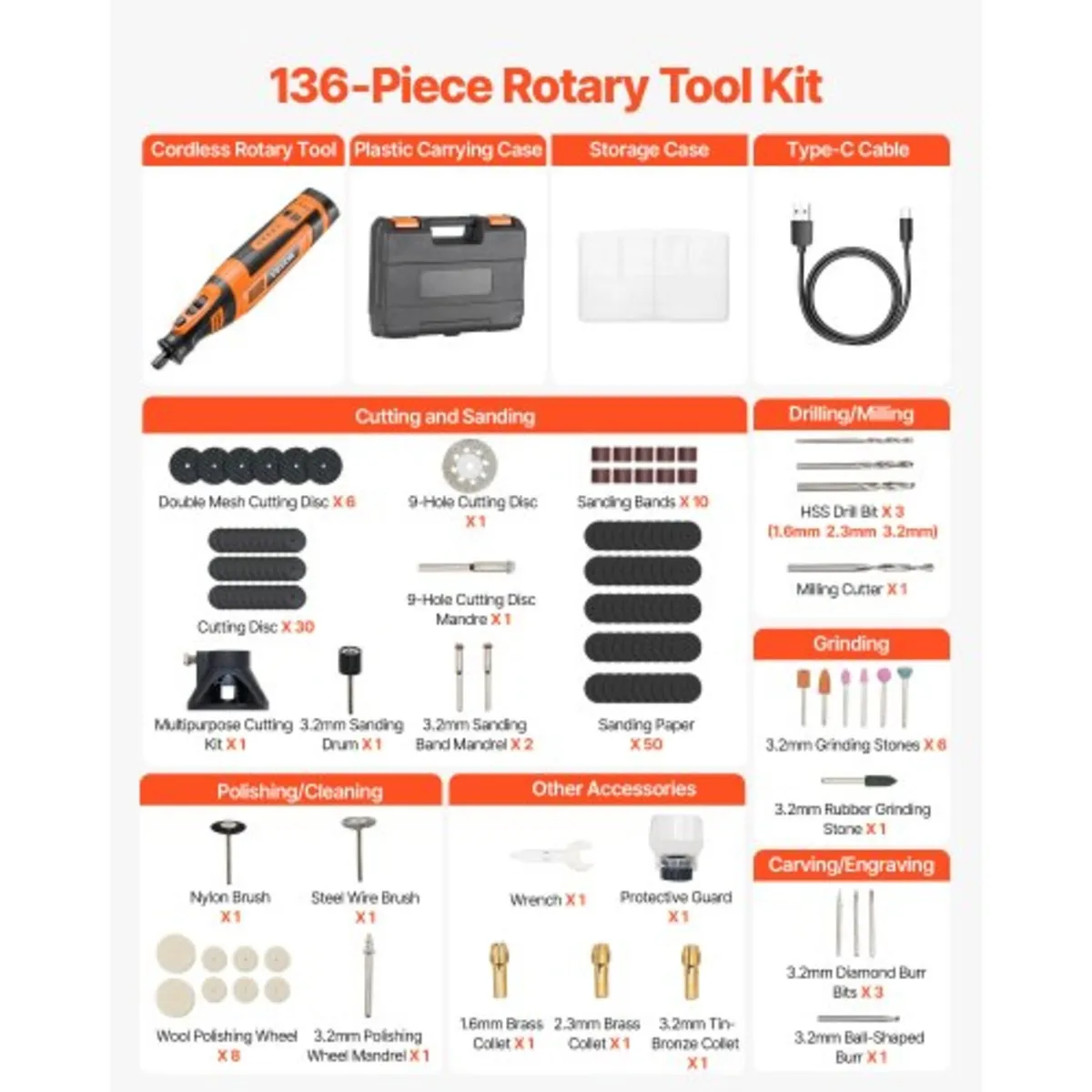 136-Piece Cordless Rotary Tool Kit, DC8V Portable - Image 2
