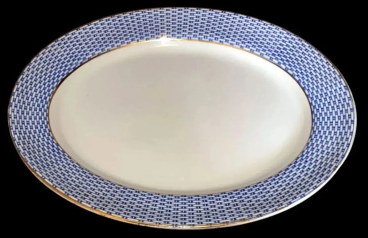 Antique Soho Pottery "Montauban" Blue Basket-Weave - Image 1