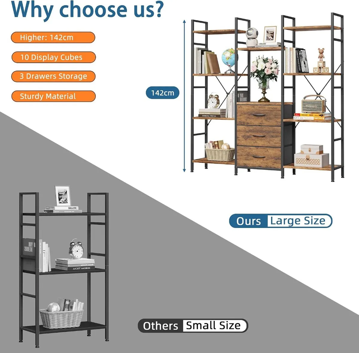 4-Tier Bookcase with Drawers Rustic Shelving - Image 4