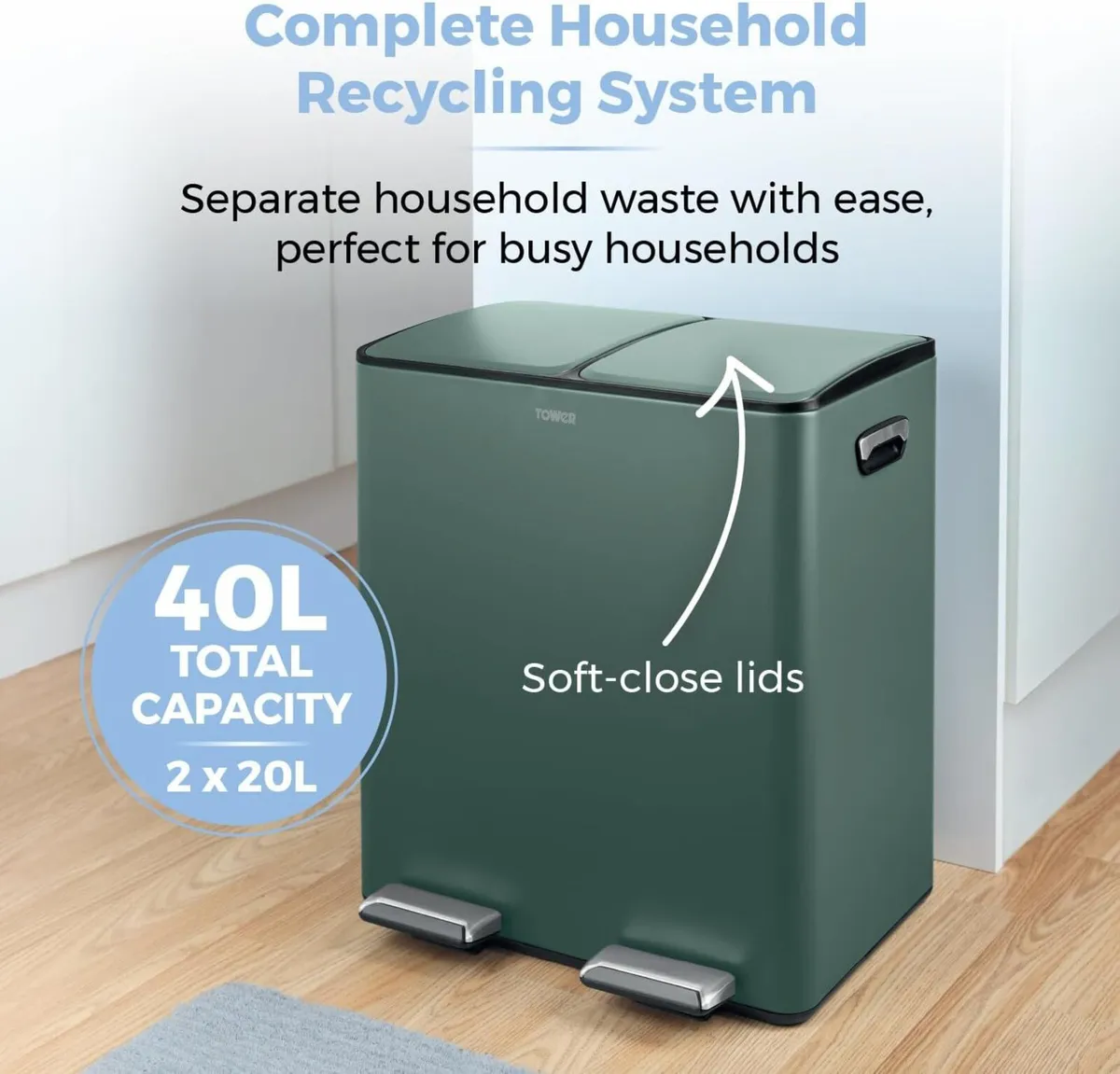 Recycling Pedal Bin Two 20L Compartments - Image 3