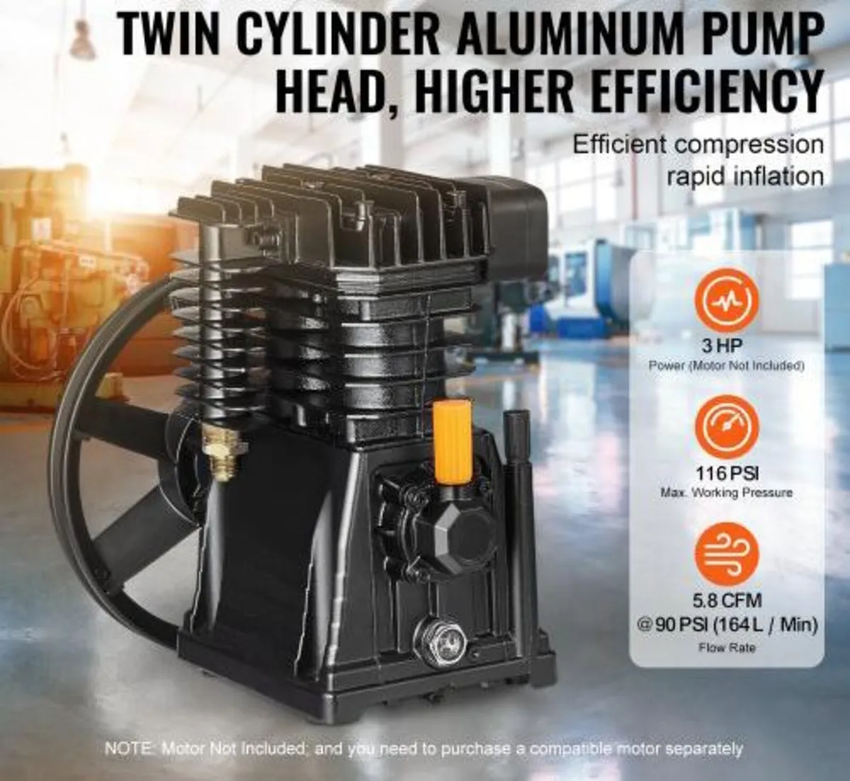 Air Compressor Pump Head, 3HP 5.8CFM @ 90PSI, Twin - Image 3