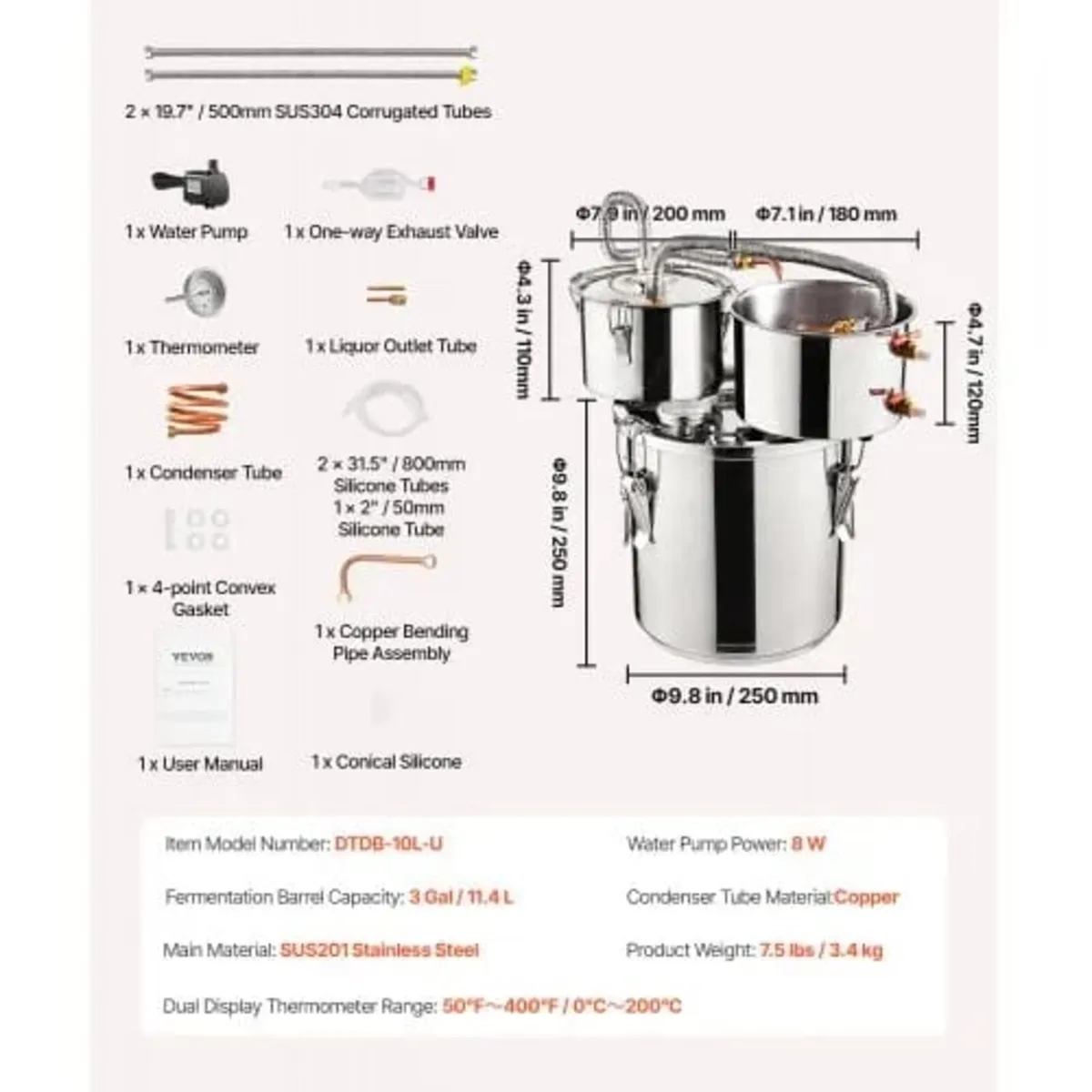 Alcohol Still, 3 Gal / 11.4 L Stainless Steel Wate - Image 4