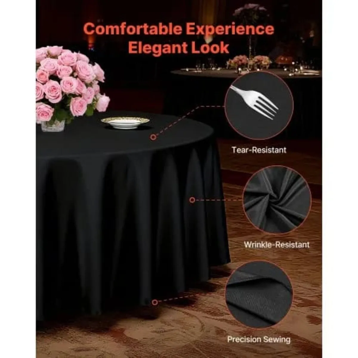 Black Round Tablecloths 6 Pack, 120 Inches in Diam - Image 3