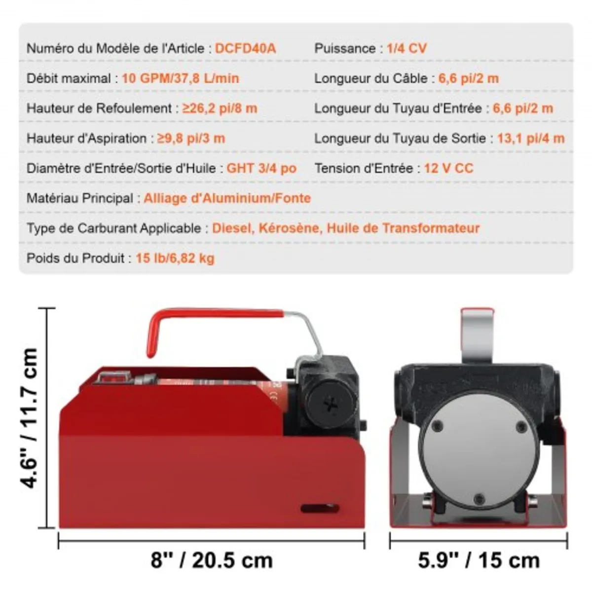 Fuel Transfer Pump, 12V DC 37.9 LPM 798.6 cm Lift, - Image 3