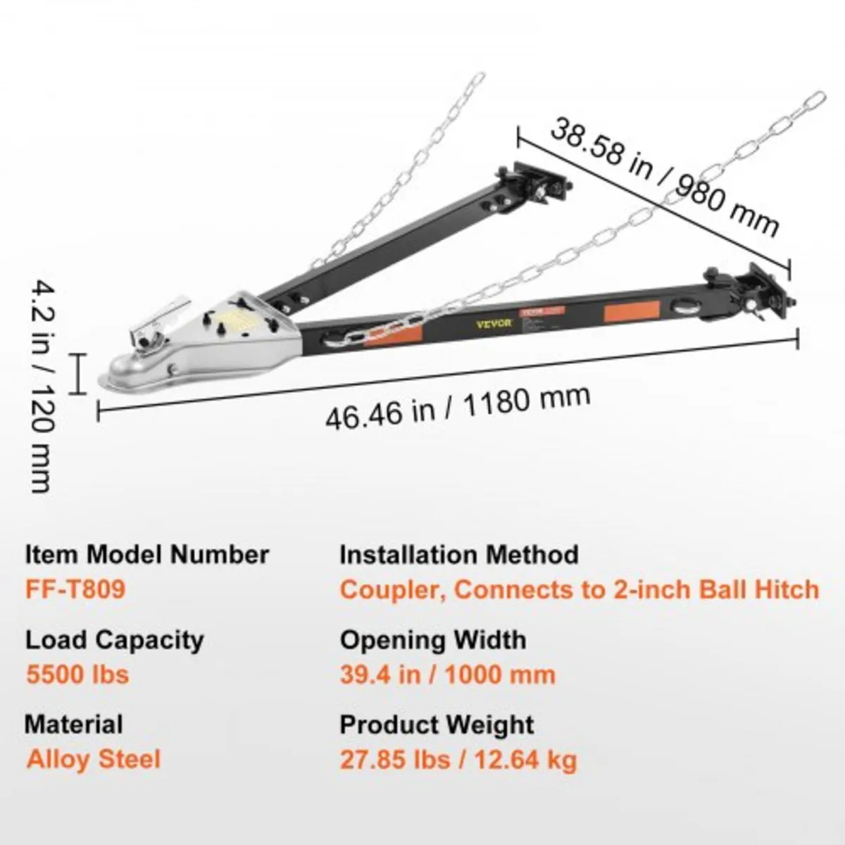 Tow Bar, 5500 lbs Towing Capacity with Chains, Pow - Image 4