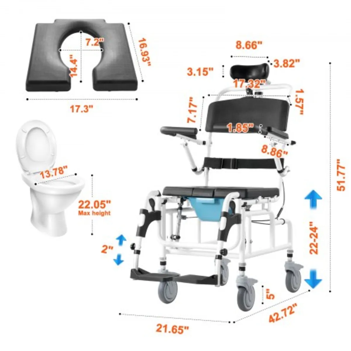 Shower Wheelchair 17.5in/44.5 cm Al Alloy Bathroom - Image 2