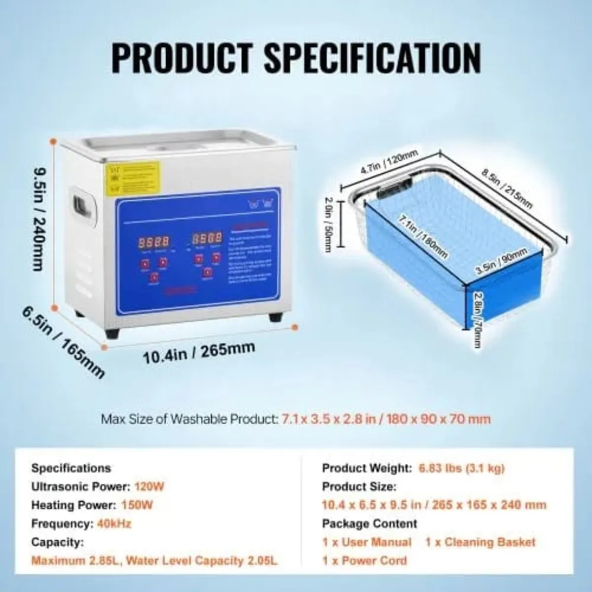 Professional Ultrasonic Cleaner, 2.85 L Ultrasonic - Image 2