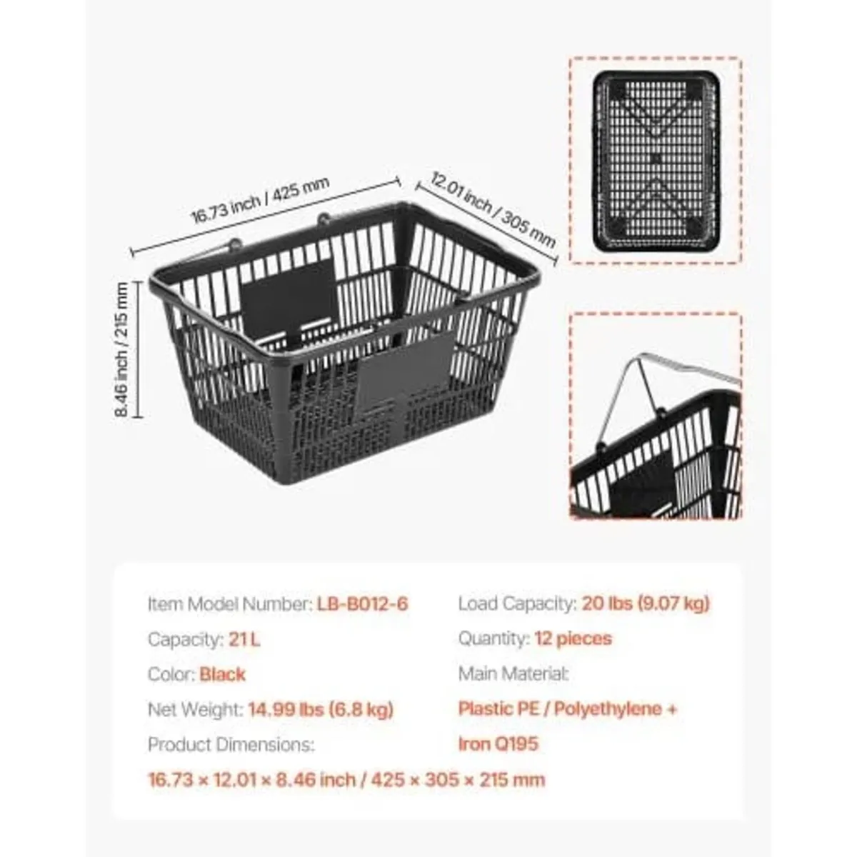12 PCS, 21L Stackable PE Plastic Grocery Baskets w - Image 2